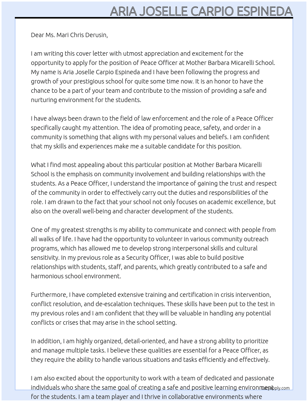 Peace Officer At Mother Barbara Micarelli School Cover Letter