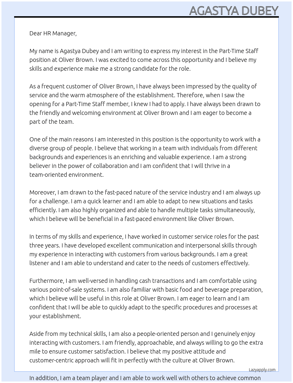 Part time staff At Oliver Brown  Cover Letter