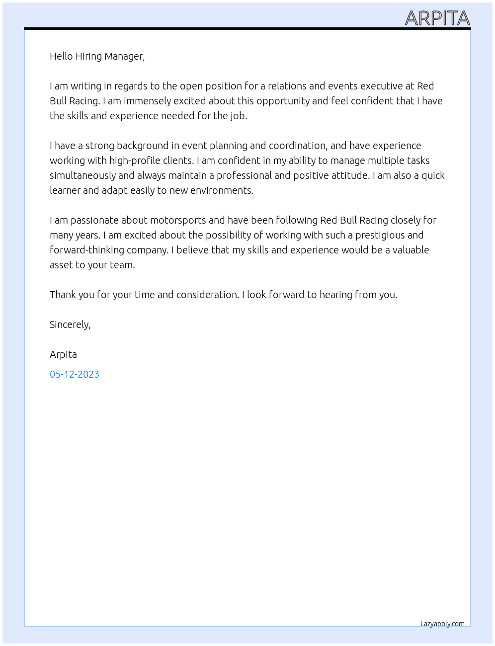 Relations and events executive At Red Bull Racing Cover Letter