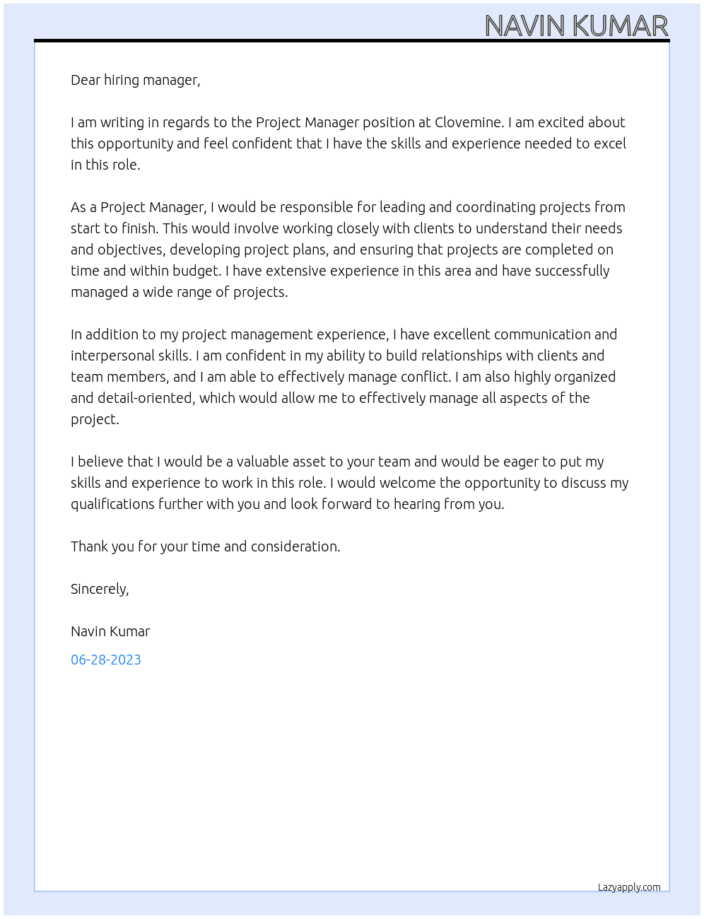 project mamager At clovemine Cover Letter