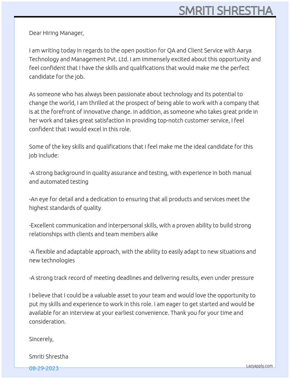 QA and Client Service  At Aarya Technology and Management Pvt. Ltd.  Cover Letter