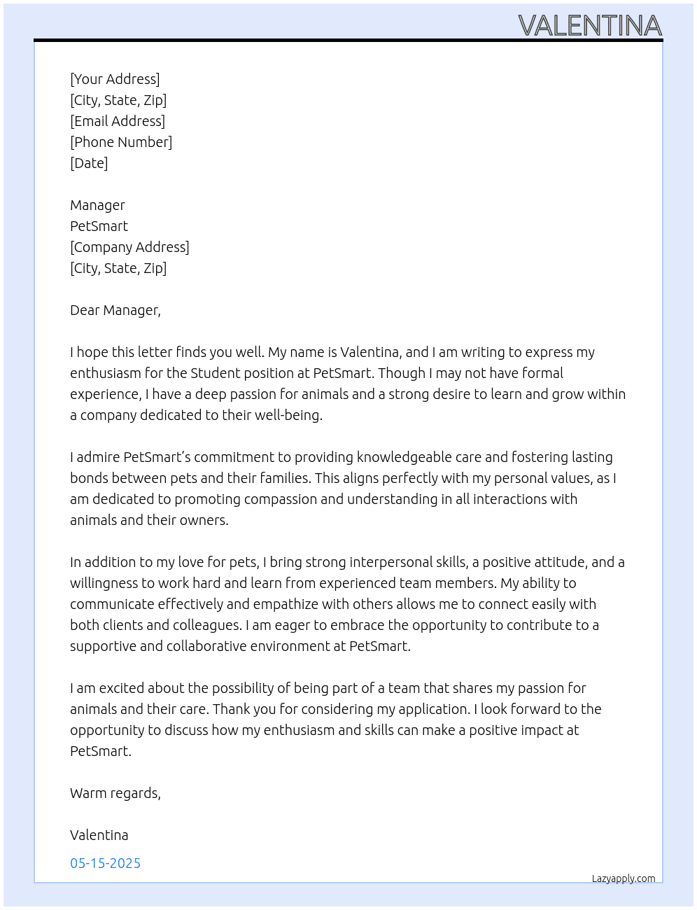 Student no experience At pet smart Cover Letter