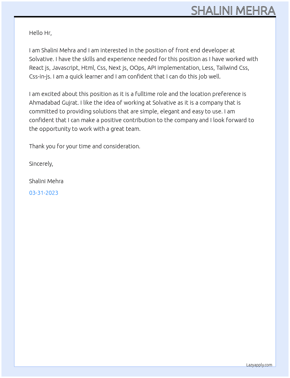 Front end developer  At Solvative Cover Letter
