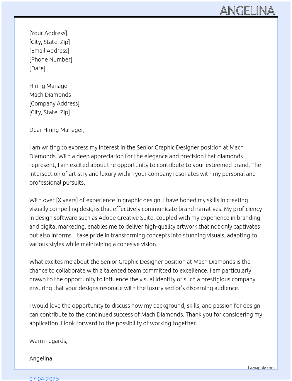 senior graphic designer  At mach diamonds  Cover Letter