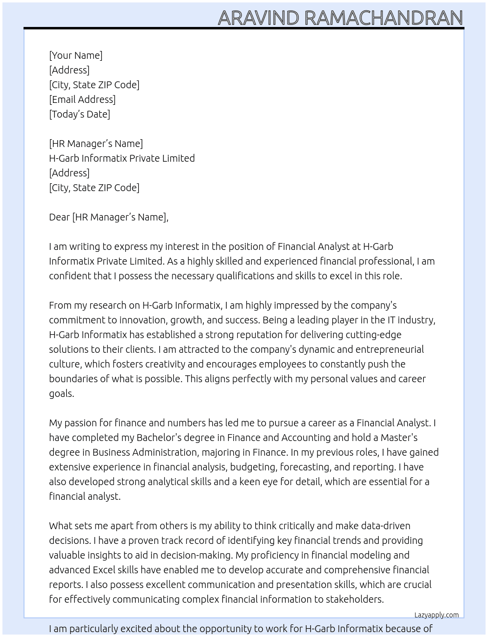 Financial Analyst At H-Garb Informatix Private Limited Cover Letter