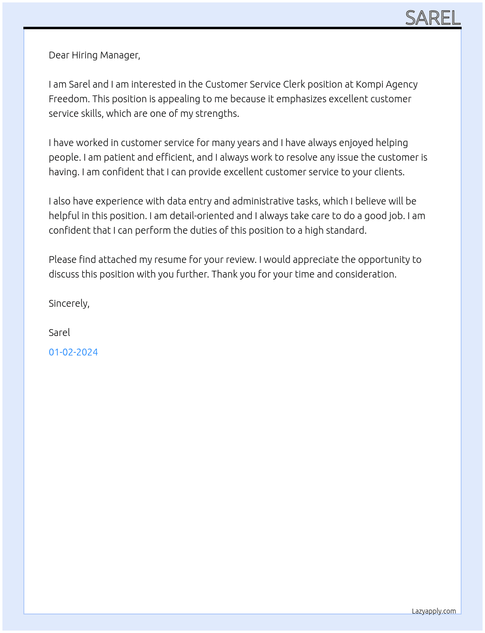 Customer Service Clerk At Kompi Agency Freedom Cover Letter
