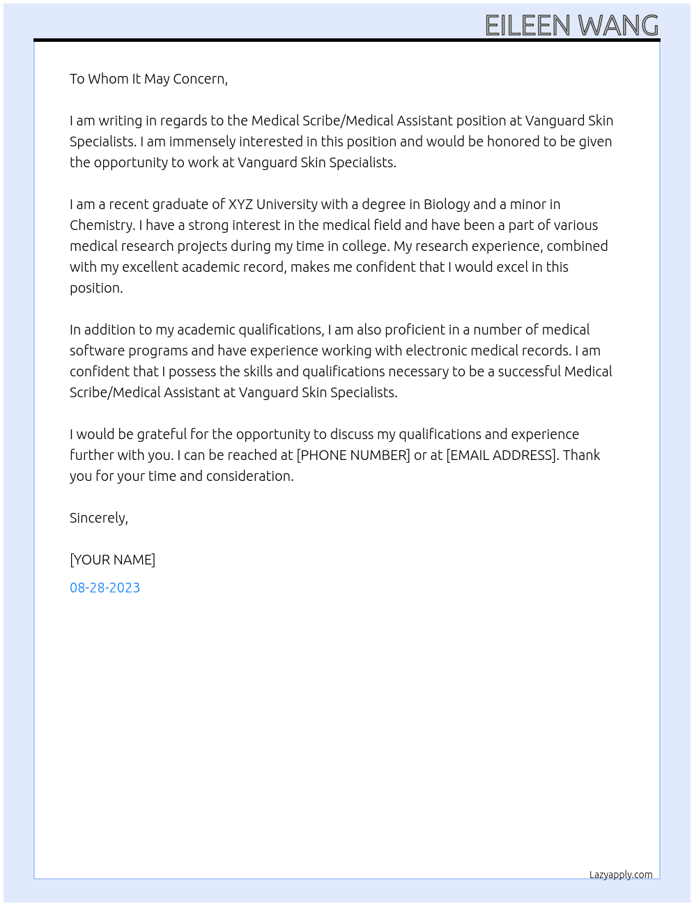 Medical Scribe/Medical Assistant At Vanguard Skin Specialists Cover Letter