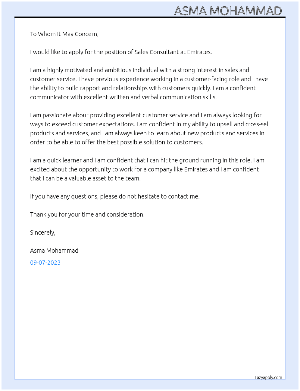 Sales Consultant  At Emirates  Cover Letter