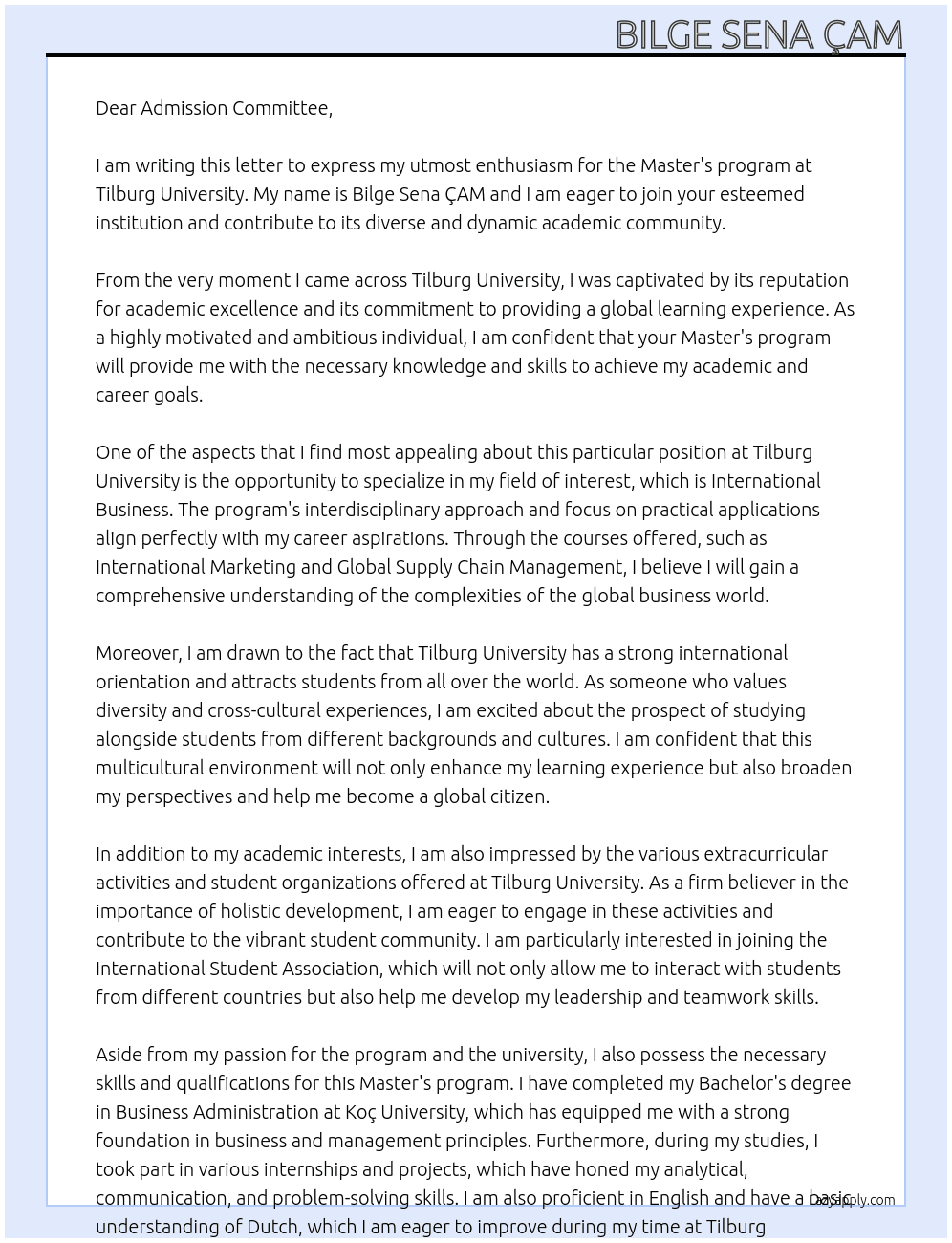master's program At Tilburg University Cover Letter