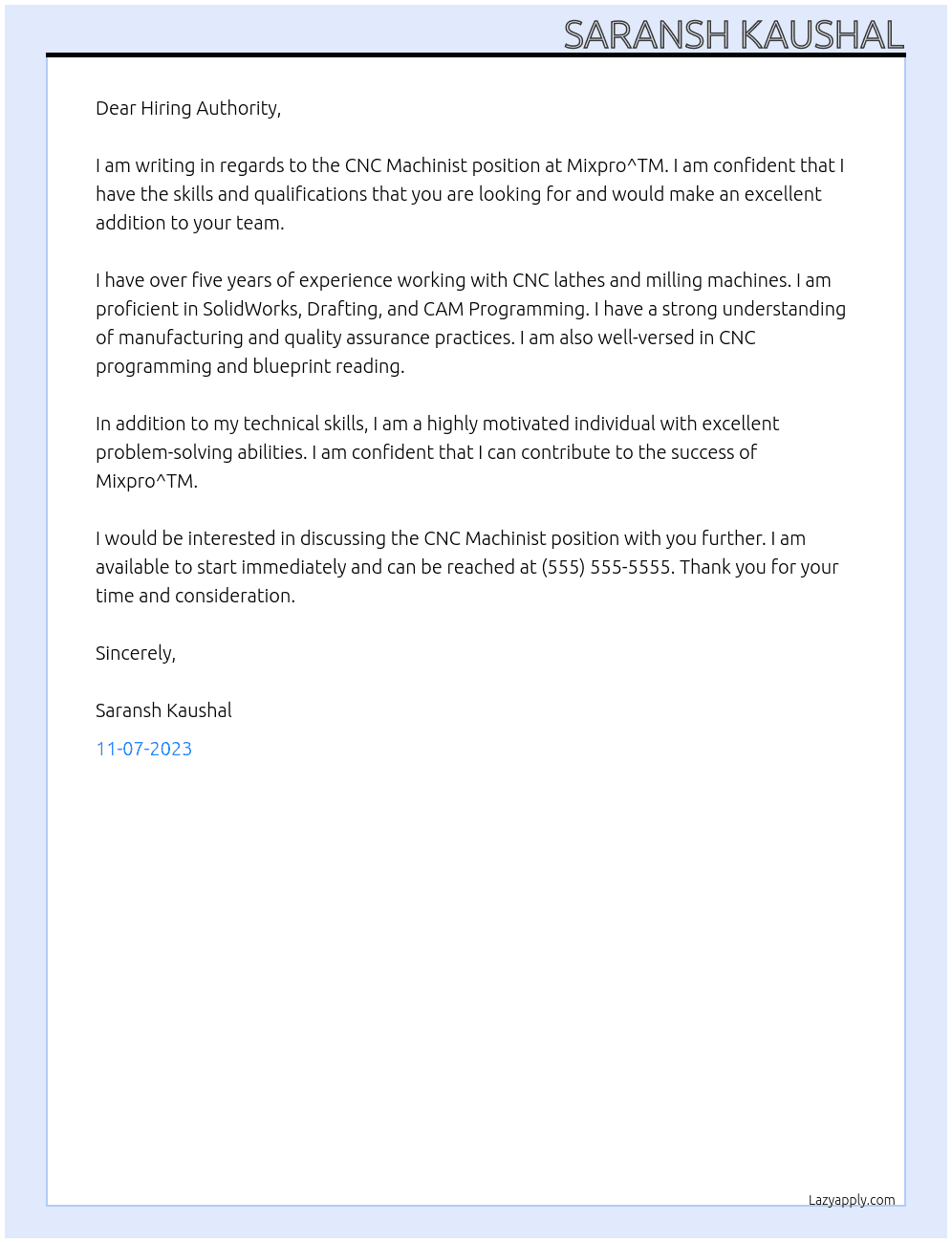 CNC Machinist At Mixpro^TM Cover Letter