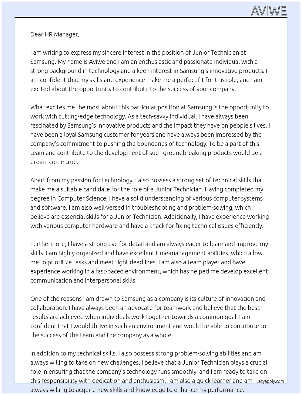 Junior Tecnician At Samsung Cover Letter