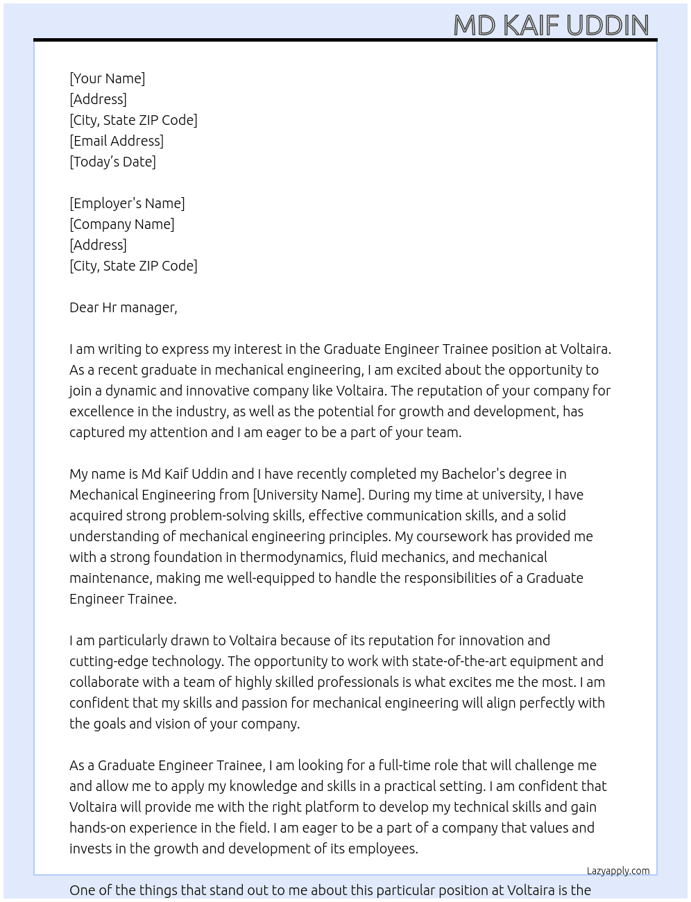 Graduate Engineer trainee  At Voltaira Cover Letter