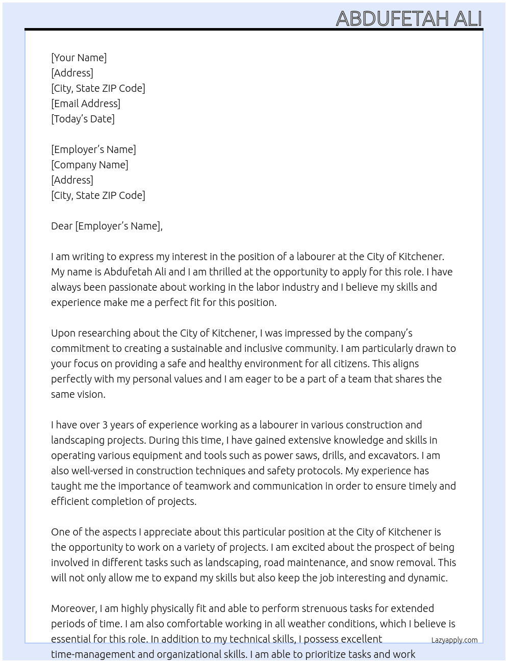 labourer At city of kitchener Cover Letter