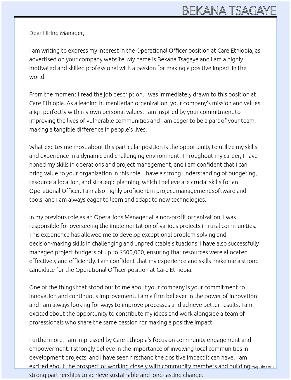 Operational officer At Care Ethiopia Cover Letter