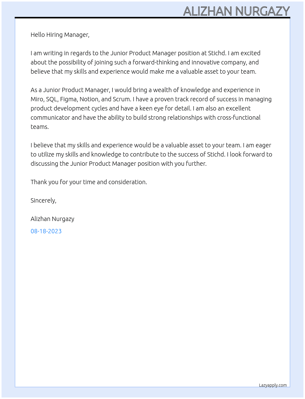 Junior Product Manager At Stichd Cover Letter