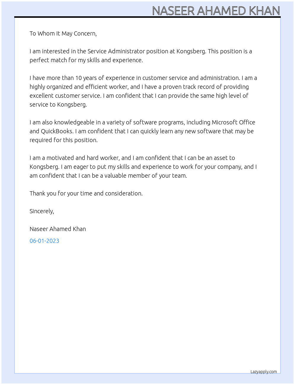 Service adminstrator At Kongsberg Cover Letter
