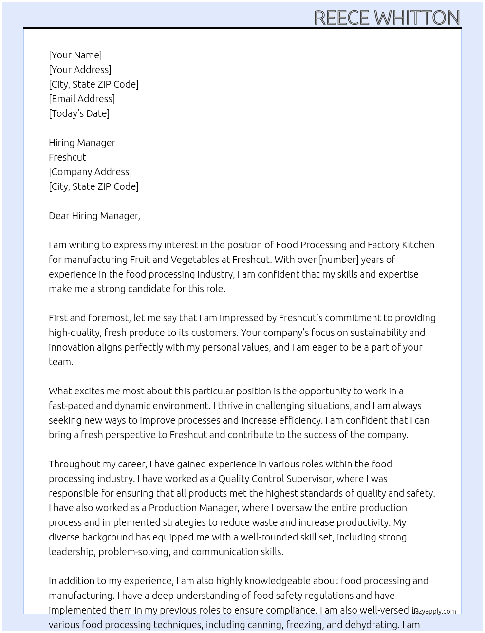 Food Processing and Factory Kitchen for manufacturing Fruit and Vegetables At Freshcut Cover Letter