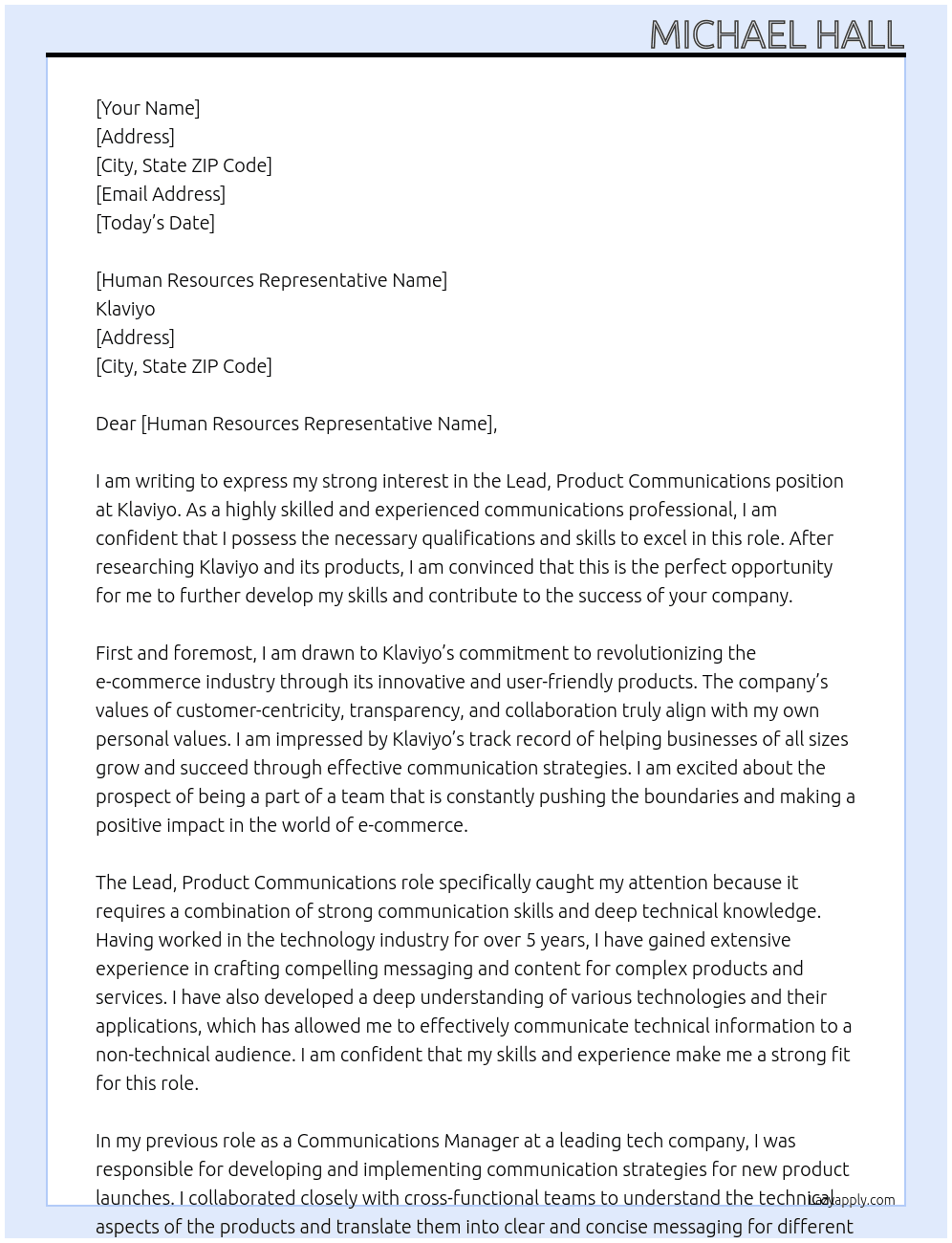 Lead, Product Communications At Klaviyo Cover Letter