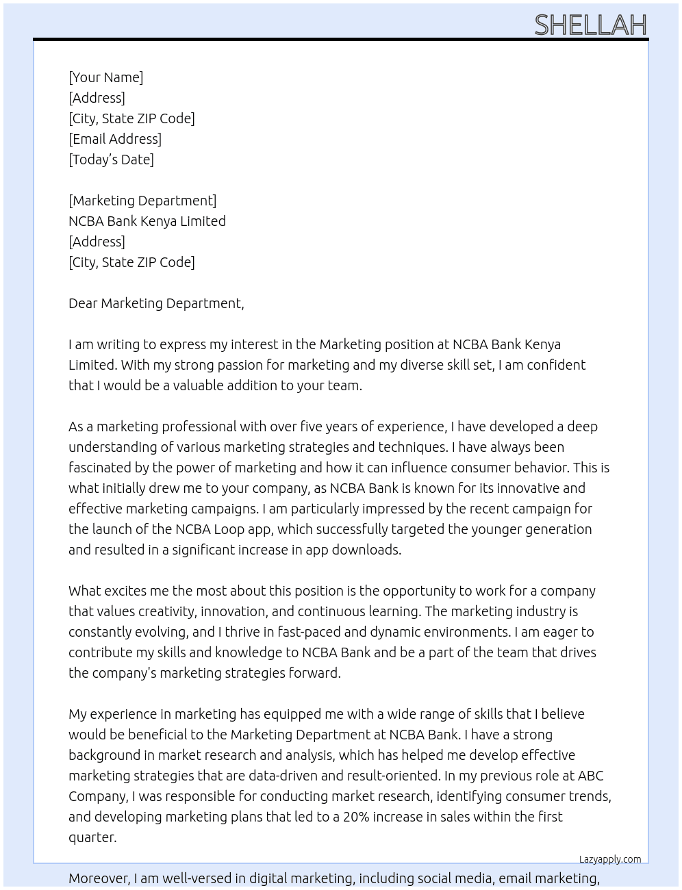 Marketing At NCBA Bank Kenya Limited Cover Letter