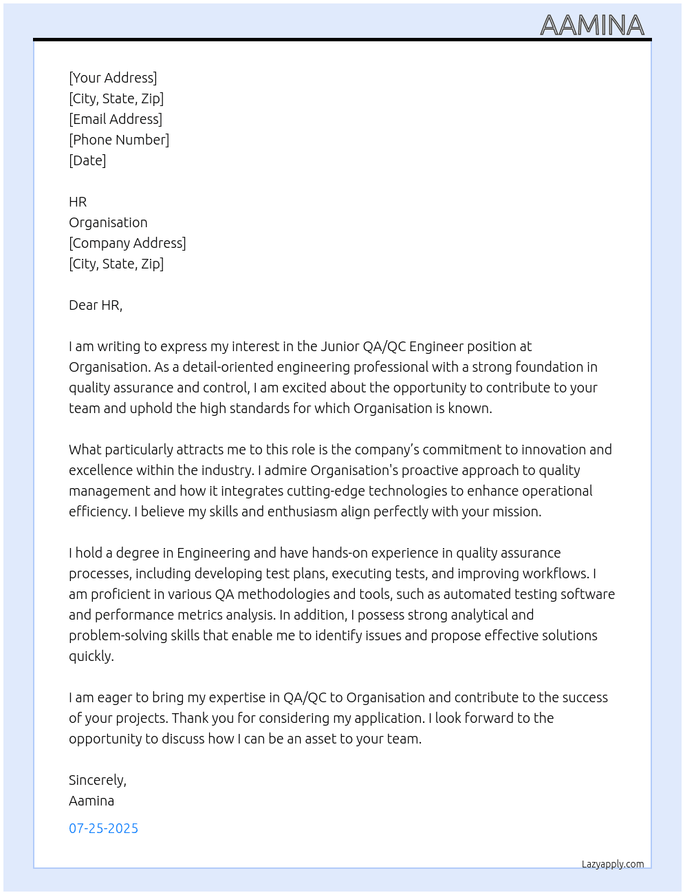 JR.QA/QC engineer  At Organisation  Cover Letter
