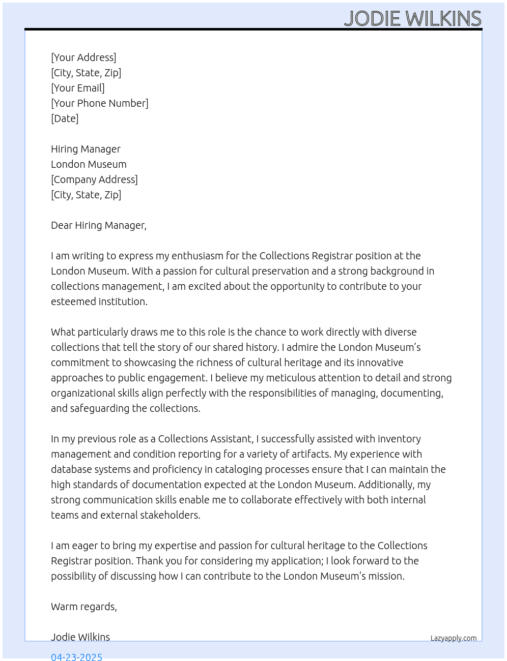 Collections Registrar  At London Musuem  Cover Letter