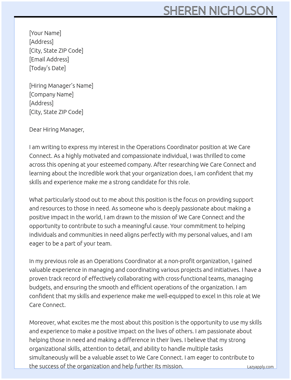 Operations coordinator At We care connect Cover Letter
