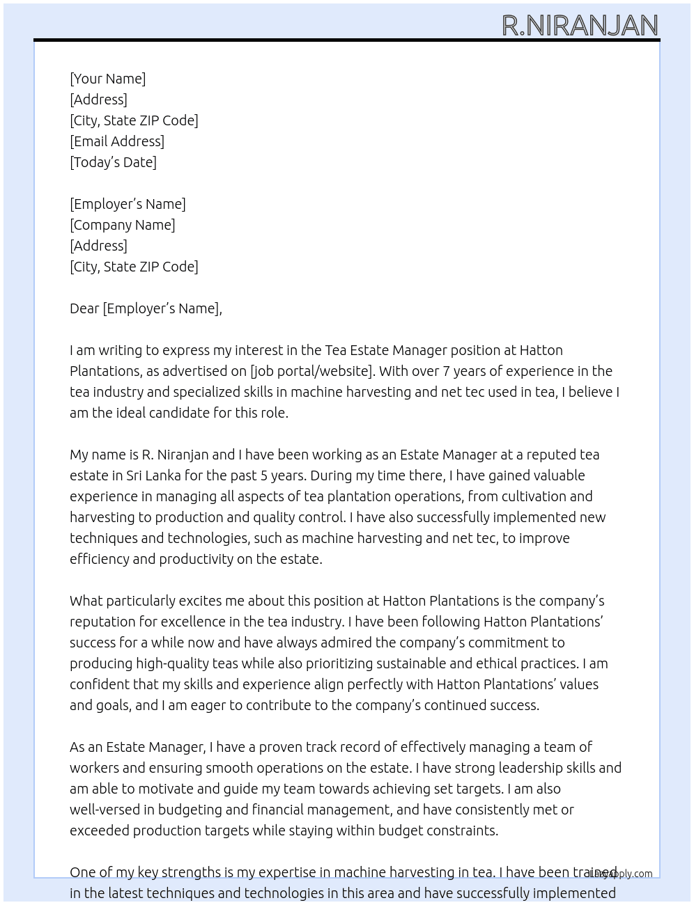 TEA ESTATE MANAGER At HATTON PLANTATIONS  Cover Letter