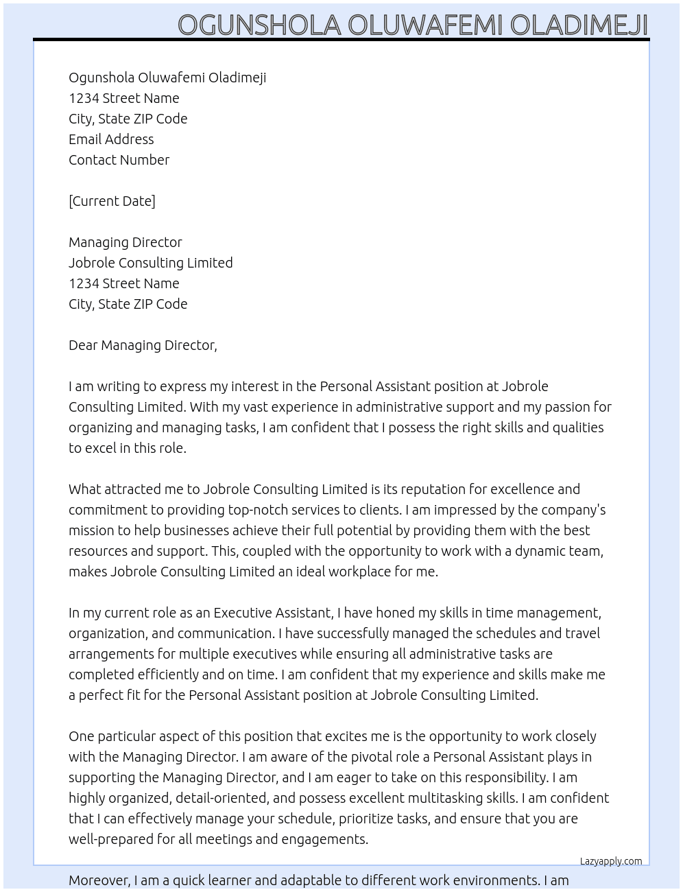 Personal Assistant At Jobrole Consulting Limited Cover Letter