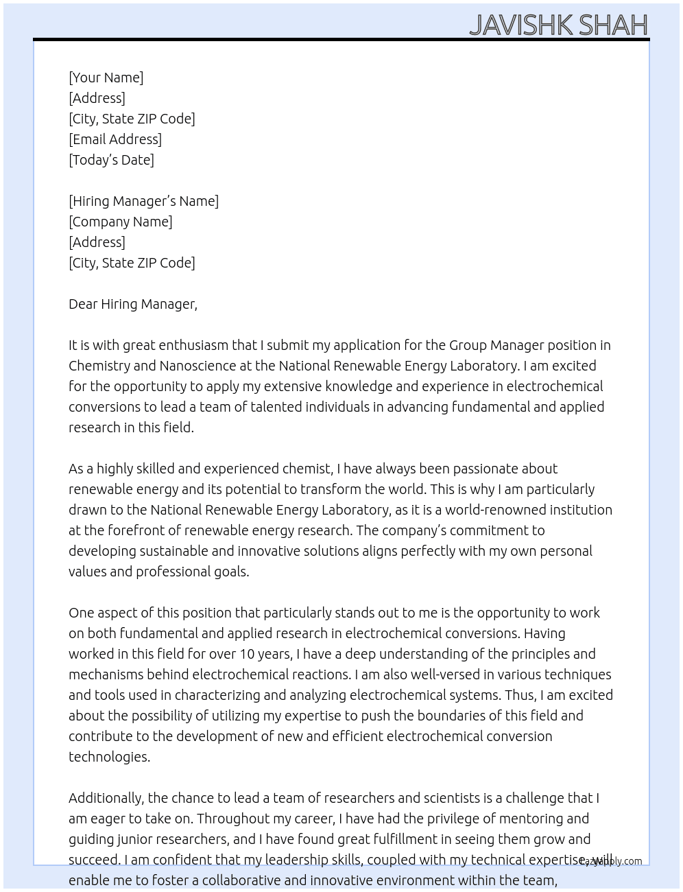 Group Manager - Chemistry and Nanoscience , Fundamental and Applied Electrochemical Conversions At National Renewable Energy Laboratory Cover Letter