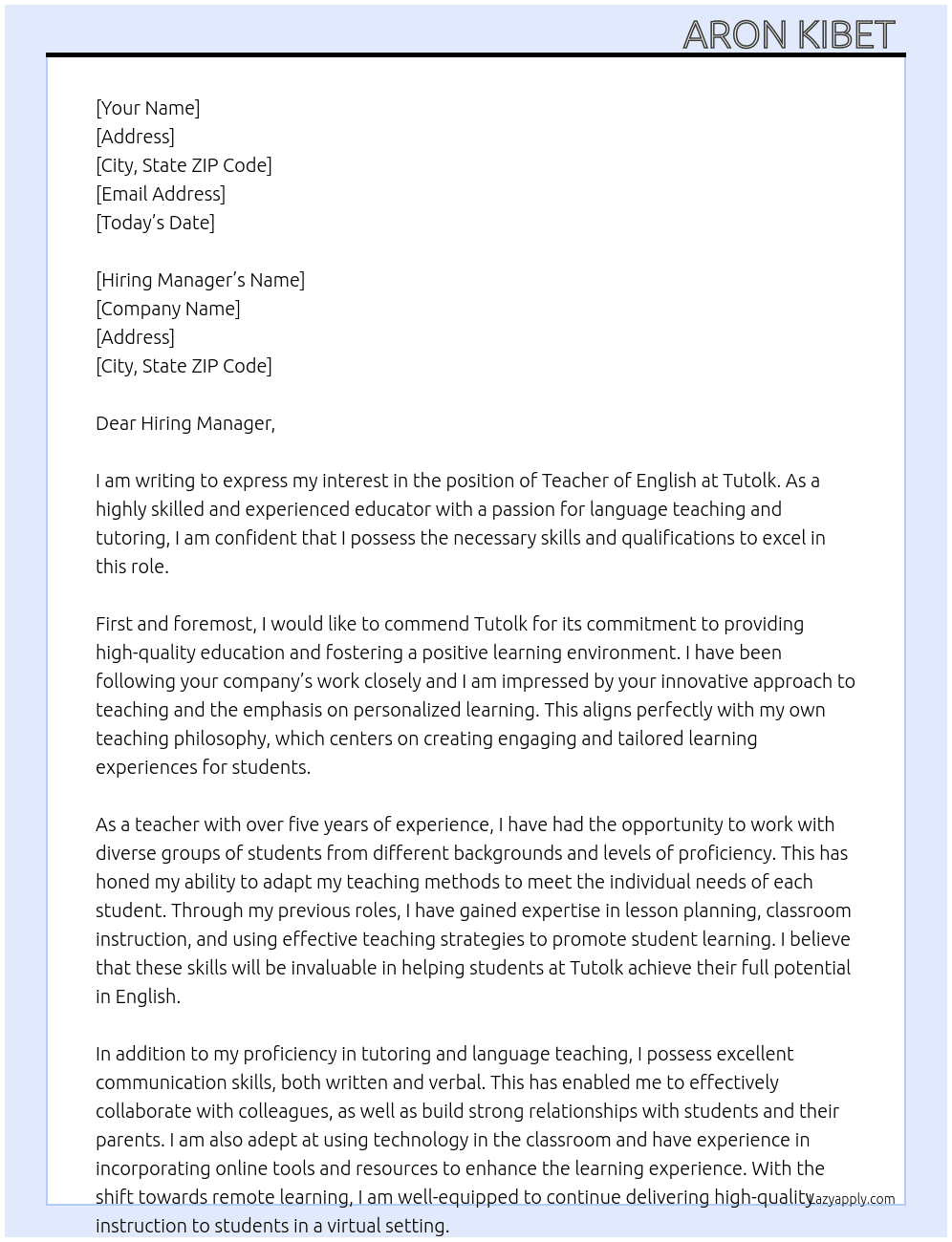 Teacher of English  At Tutolk Cover Letter