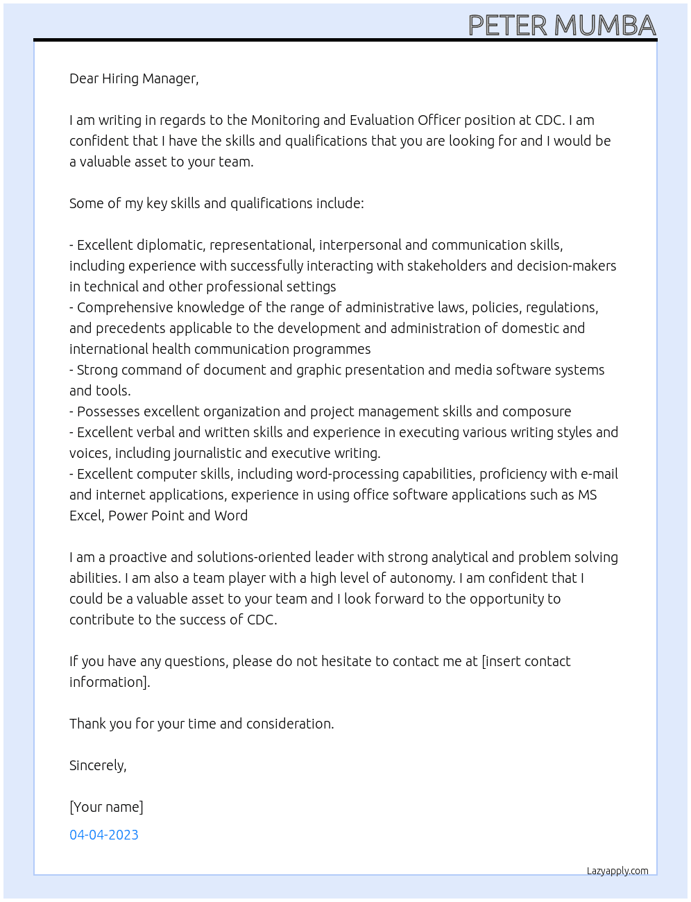 Monitoring and Evaluation Officer  At CDC Cover Letter