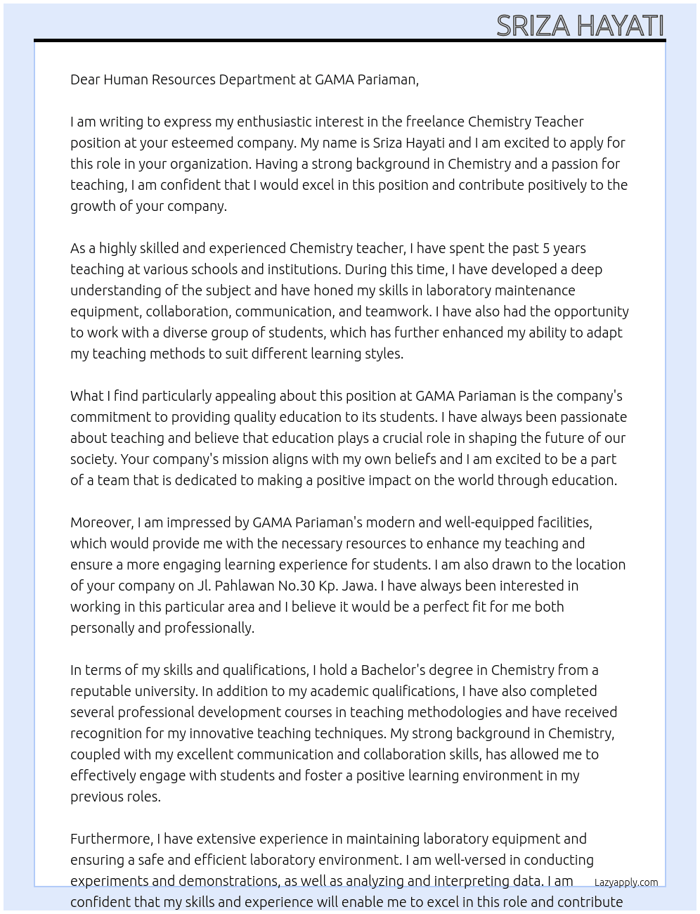 Chemistry Teacher At GAMA Pariaman Cover Letter