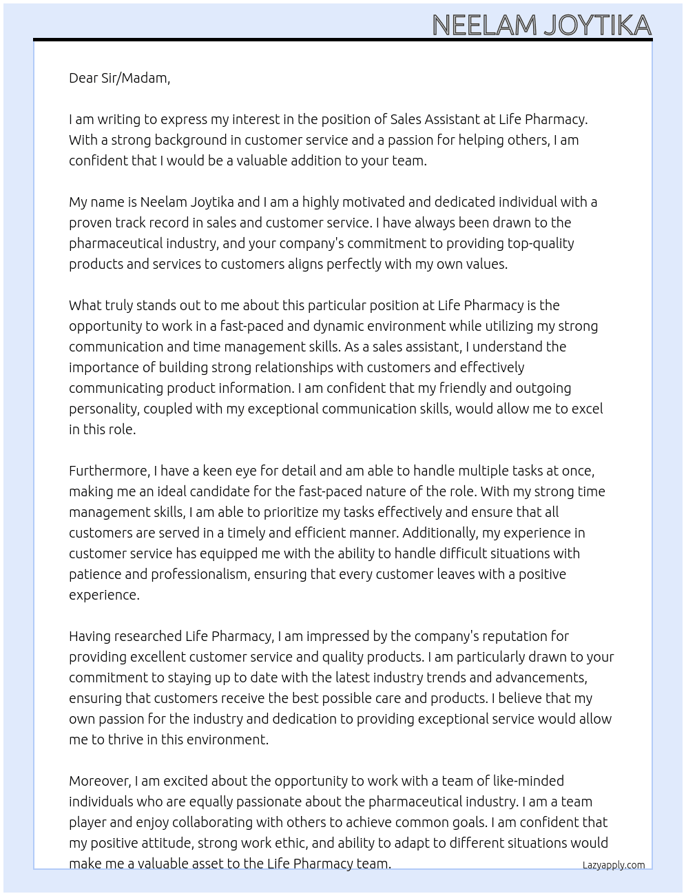 Sales assistant  At Life Pharmacy  Cover Letter
