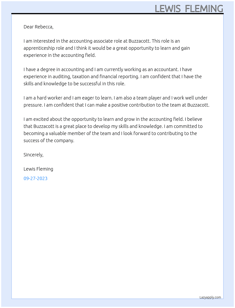Accounting associate  At Buzzacott Cover Letter