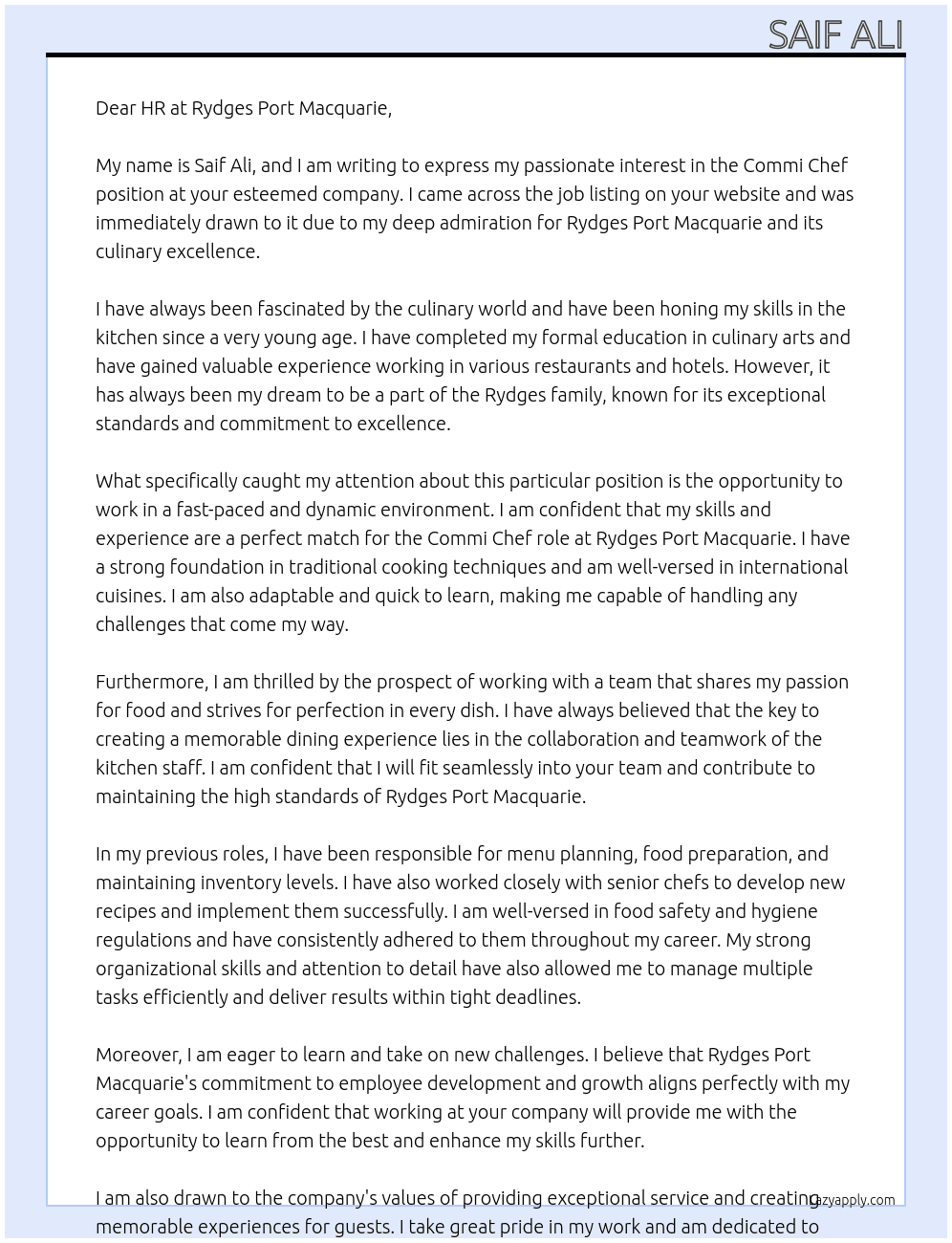 Commi chef  At Rydges port Macquarie  Cover Letter