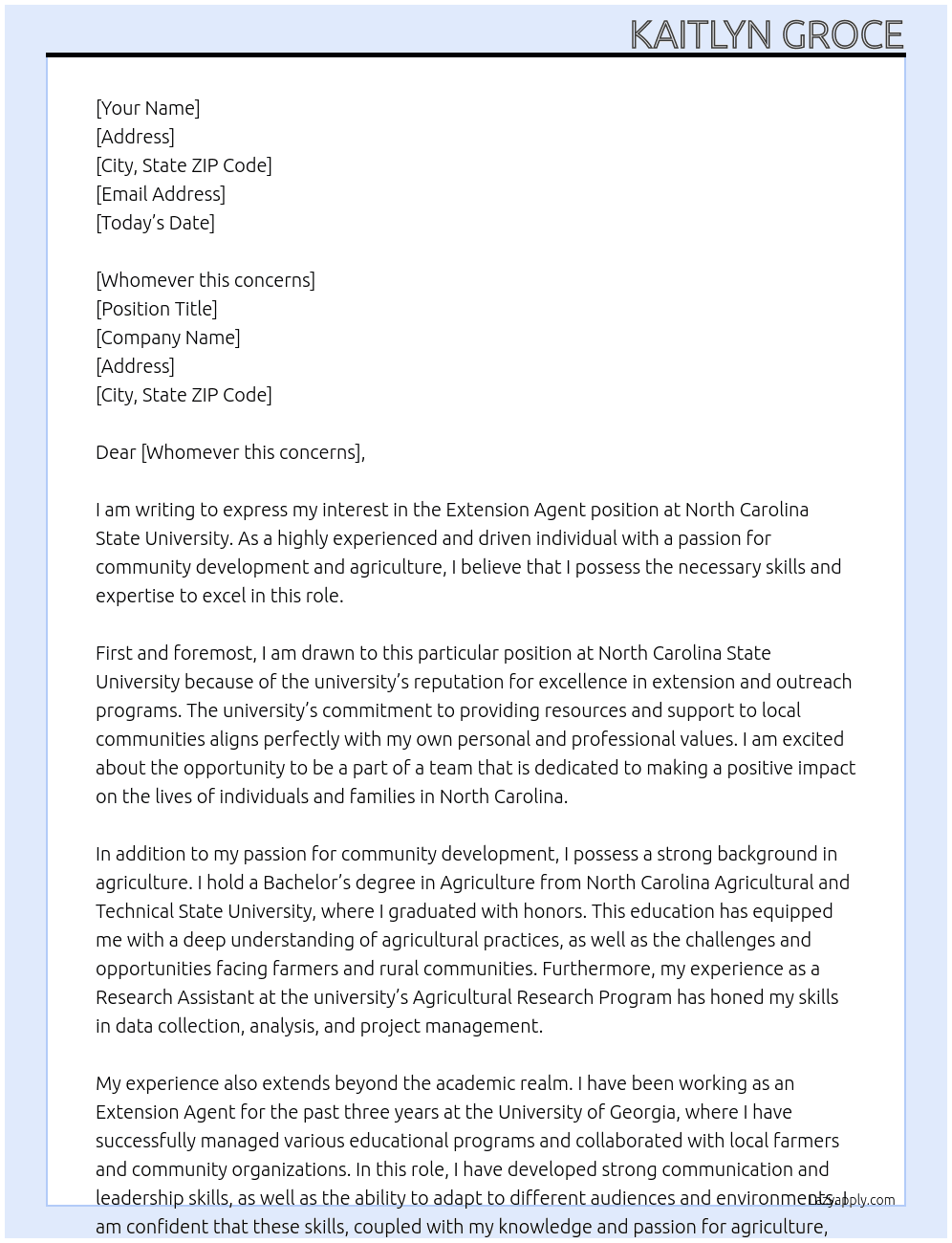 Extension Agent At North Carolina State University Cover Letter