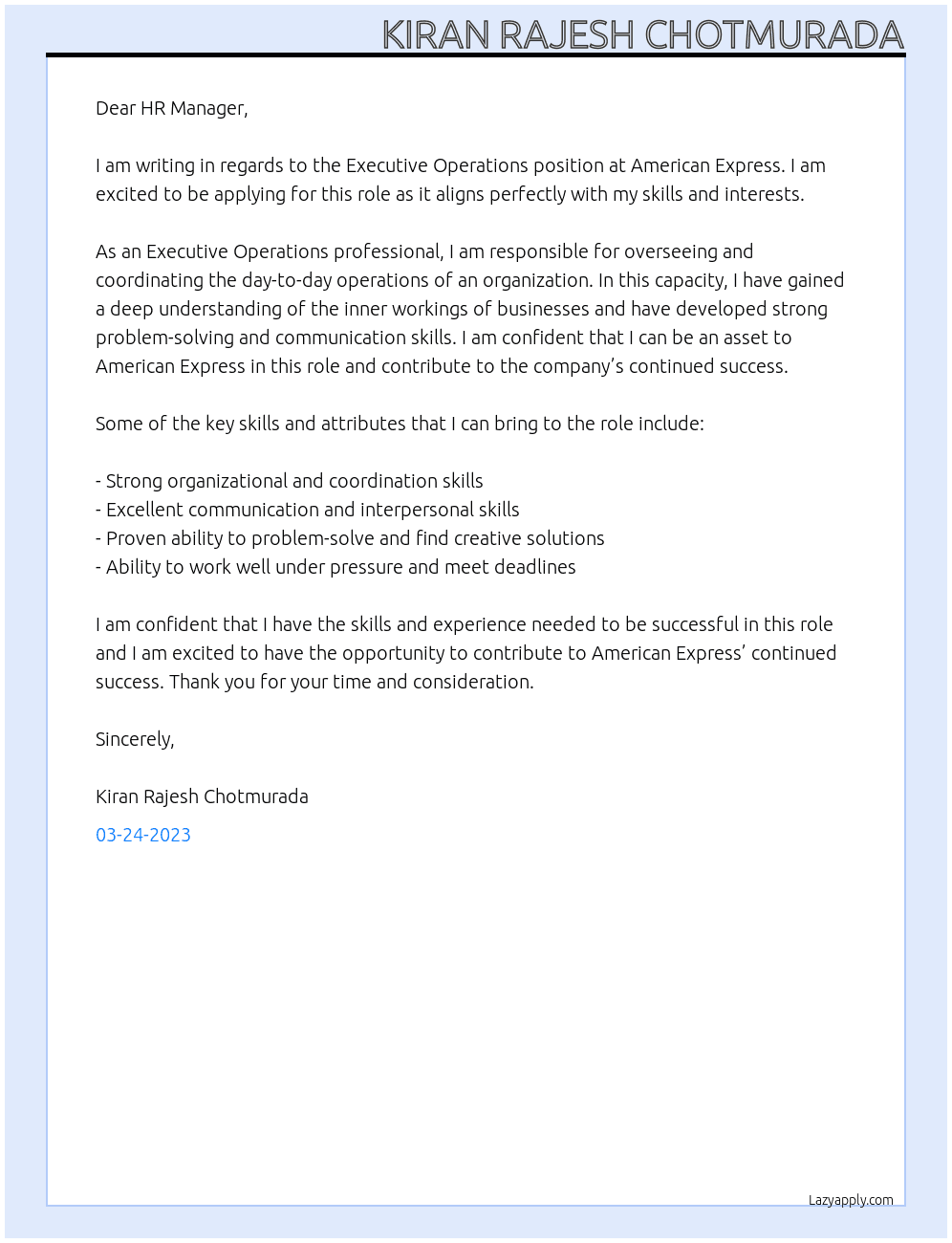 Executive Operations  At American Express  Cover Letter