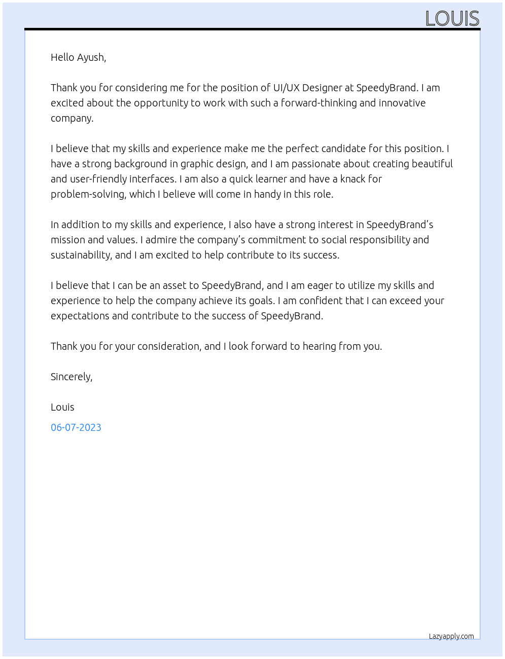 UI/UX Designer At SpeedyBrand Cover Letter