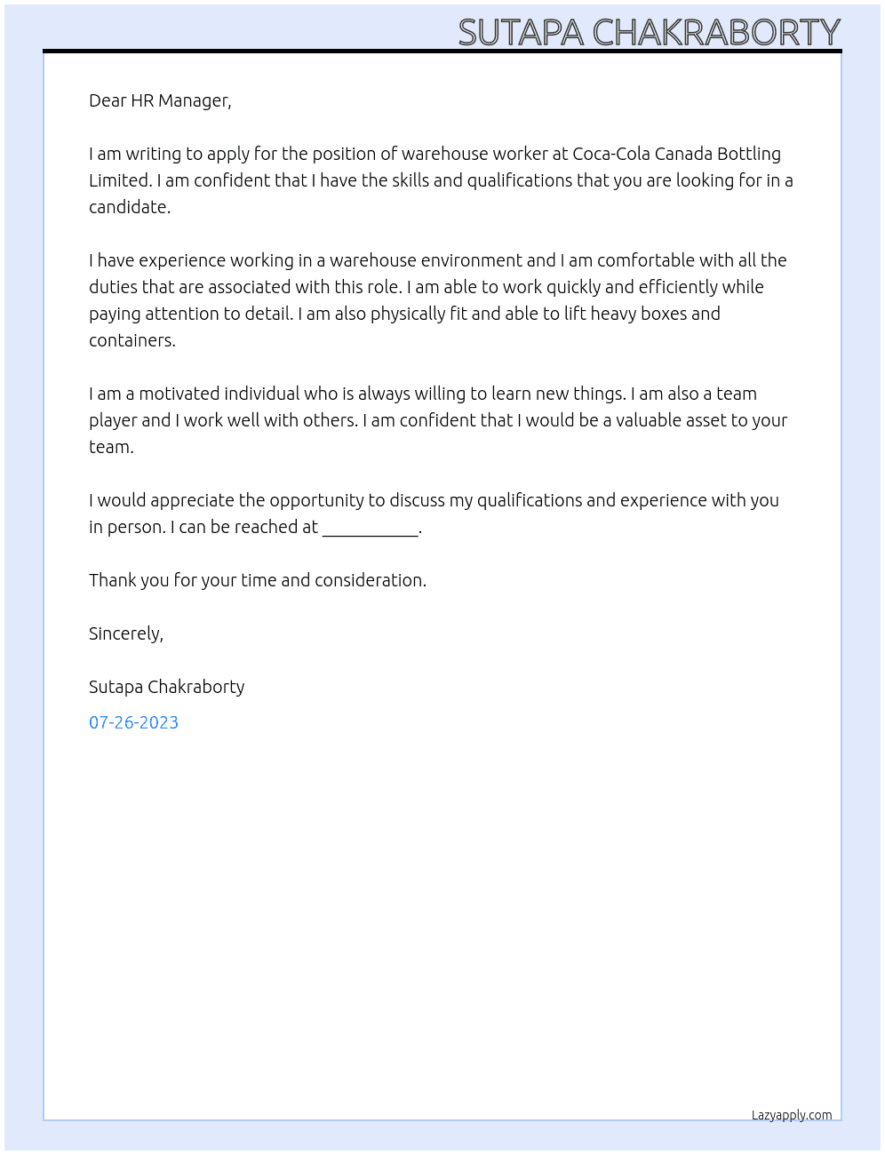 Warehouse worker At Coca-Cola Canada Bottling Limited Cover Letter
