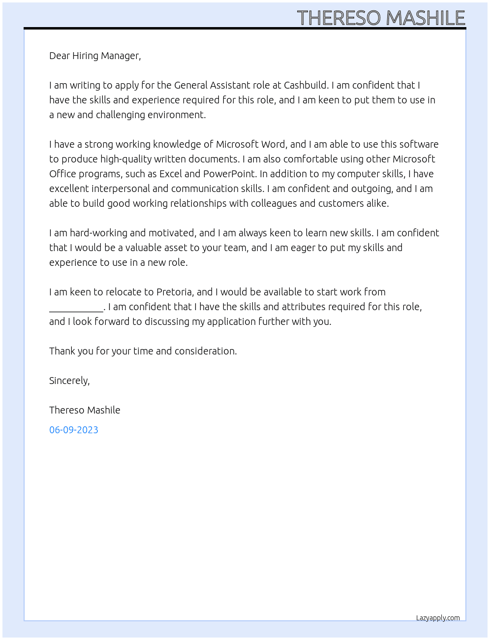 General Assistant At Cashbuild Cover Letter