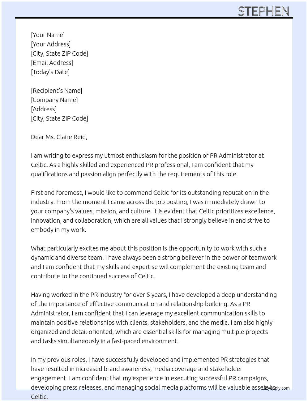 PR ADMINISTRATOR At Celtic Cover Letter