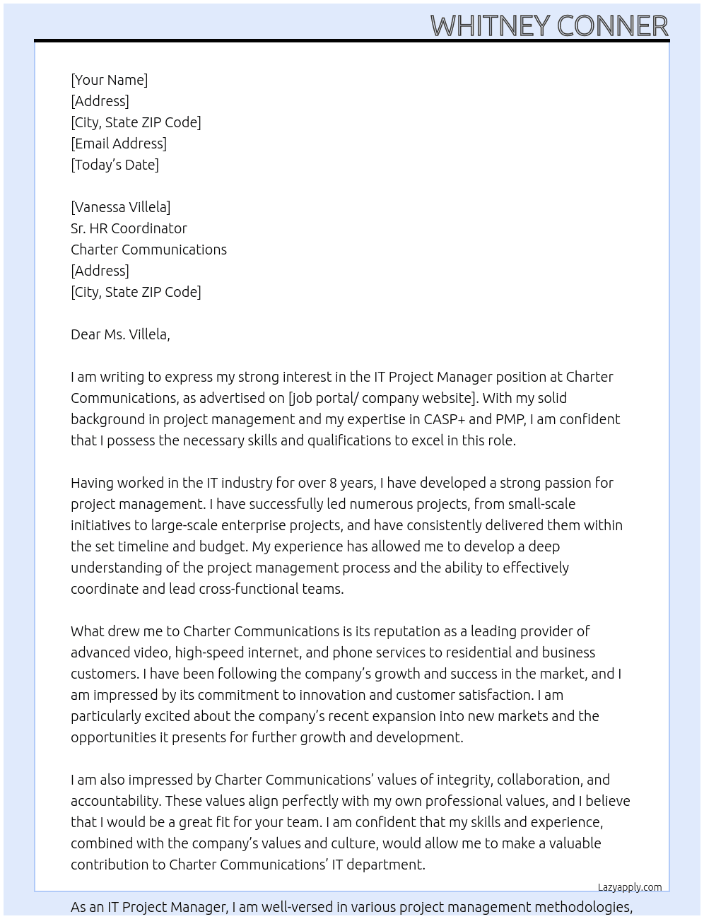 IT Project Manager At Charter Communications Cover Letter