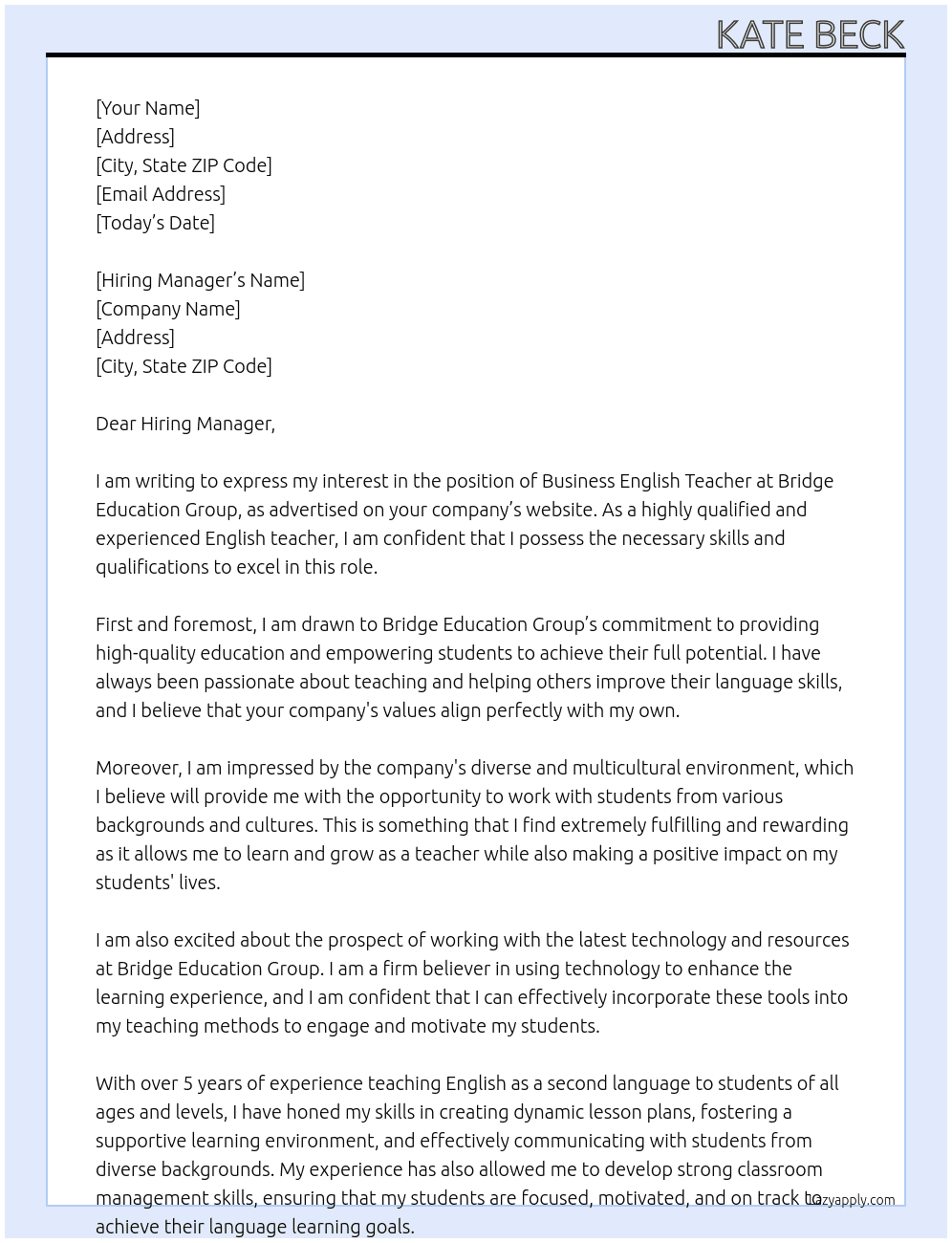 Business English Teacher At Bridge Education Group Cover Letter