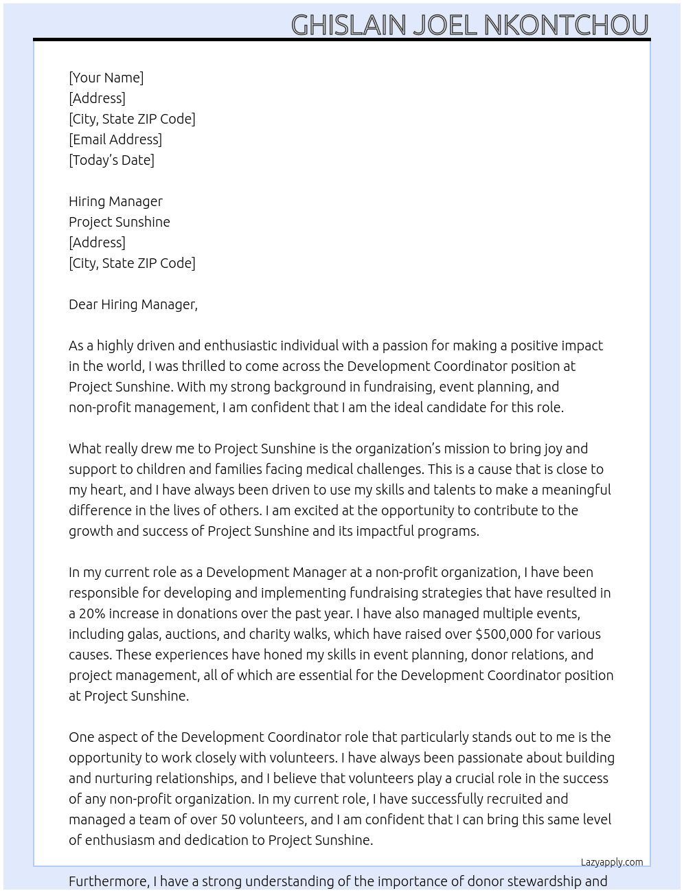 Development Coordinator At Project Sunshine Cover Letter
