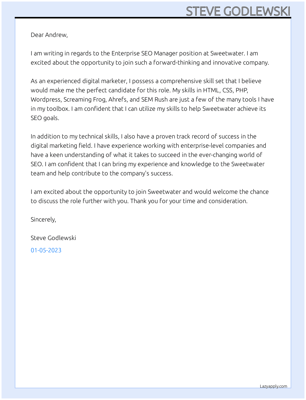 Enterprise SEO Manager At Sweetwater Cover Letter