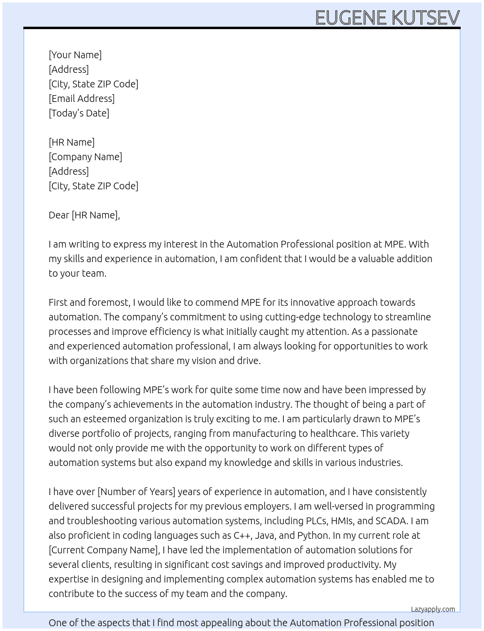 AUTOMATION PROFESSIONAL At MPE Cover Letter