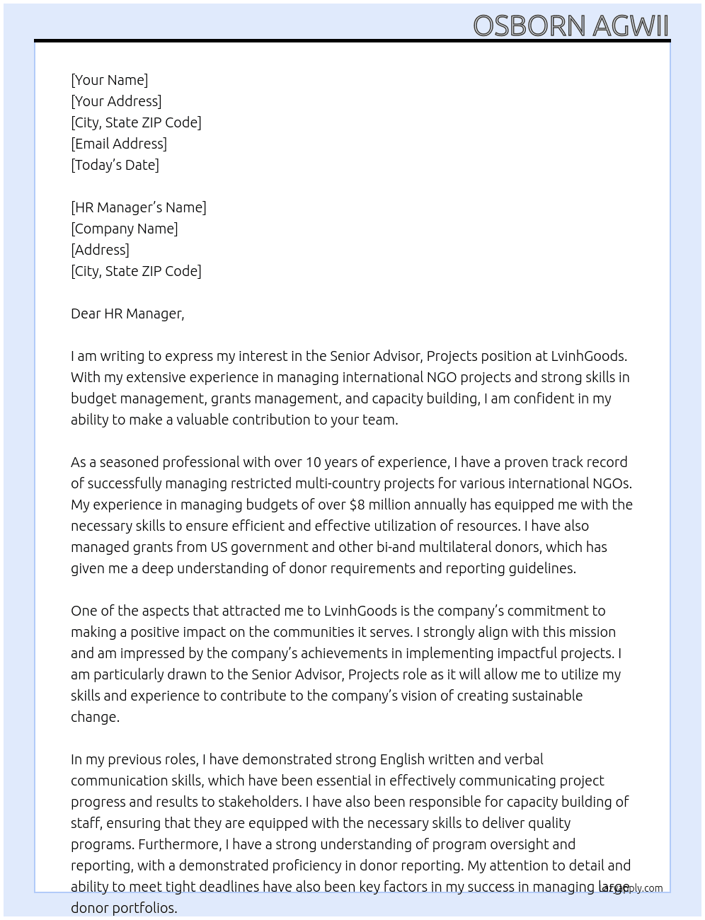 Senior Advisor, Projects At LvinhGoods Cover Letter