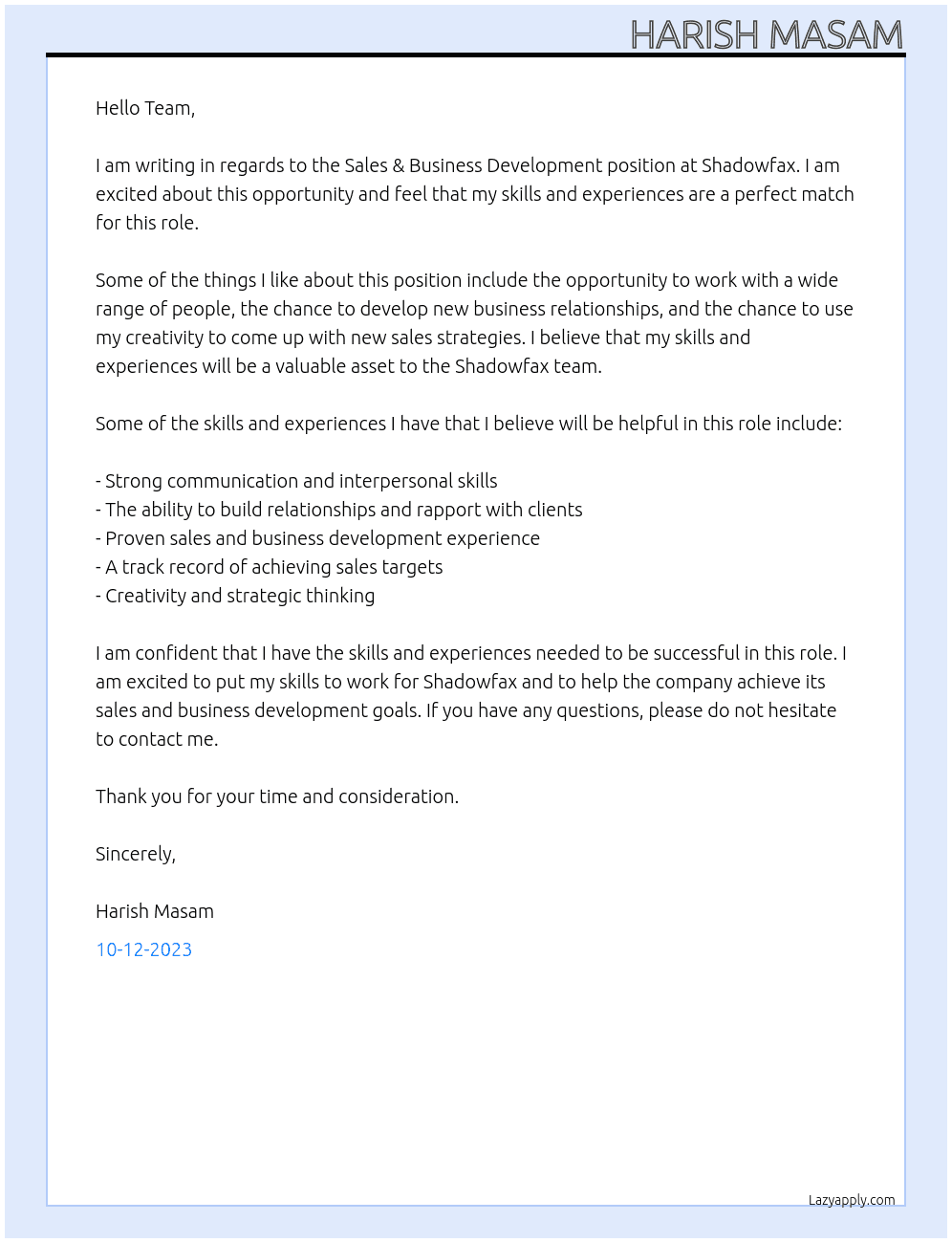 Sales & Business Development At Shadowfax Cover Letter