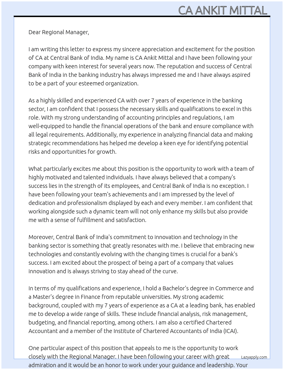 CA  At Central Bank Of India  Cover Letter