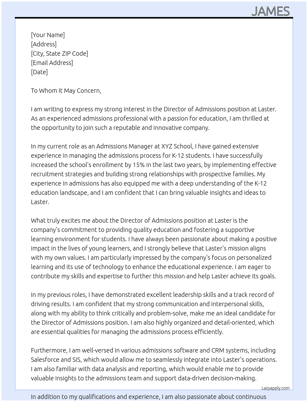 Director of Admissions, K-12 At Laster Cover Letter